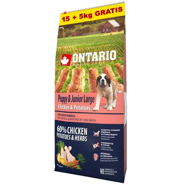 ONTARIO Puppy & Junior Large - chicken & potatoes 15+5kg GRATIS