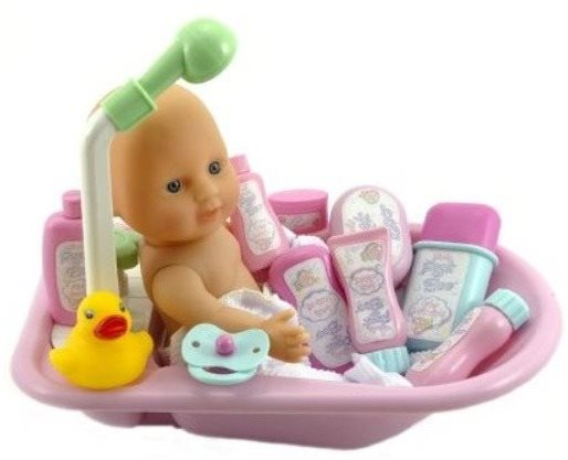 Játékbaba Teddy baba fürdető káddal és tartozékokkal