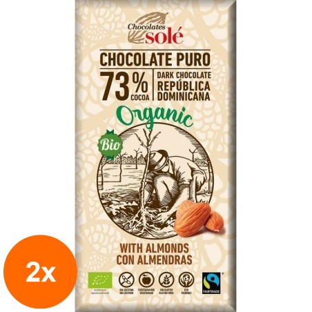 Set 2 x Ciocolata Neagra BIO 73% Cacao, cu Migdale, 150 g, Chocolates Sole...