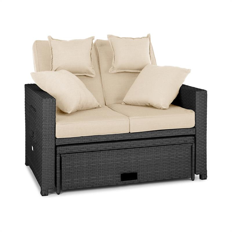 Blumfeldt Comfort Zone, garden rattan sofa, double sofa, polyrattan, extendable, black rattan/beige cushions