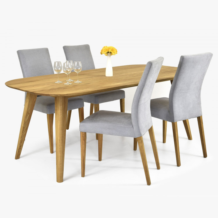 Oak table and modern dining chairs