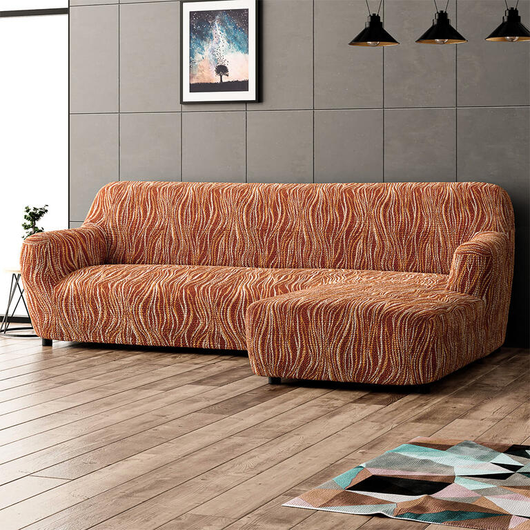 Cubiertas elásticas UNIVERSO NUEVO sofá a rayas ladrillo rojo con otomano a la derecha (an. 170 - 300 cm)