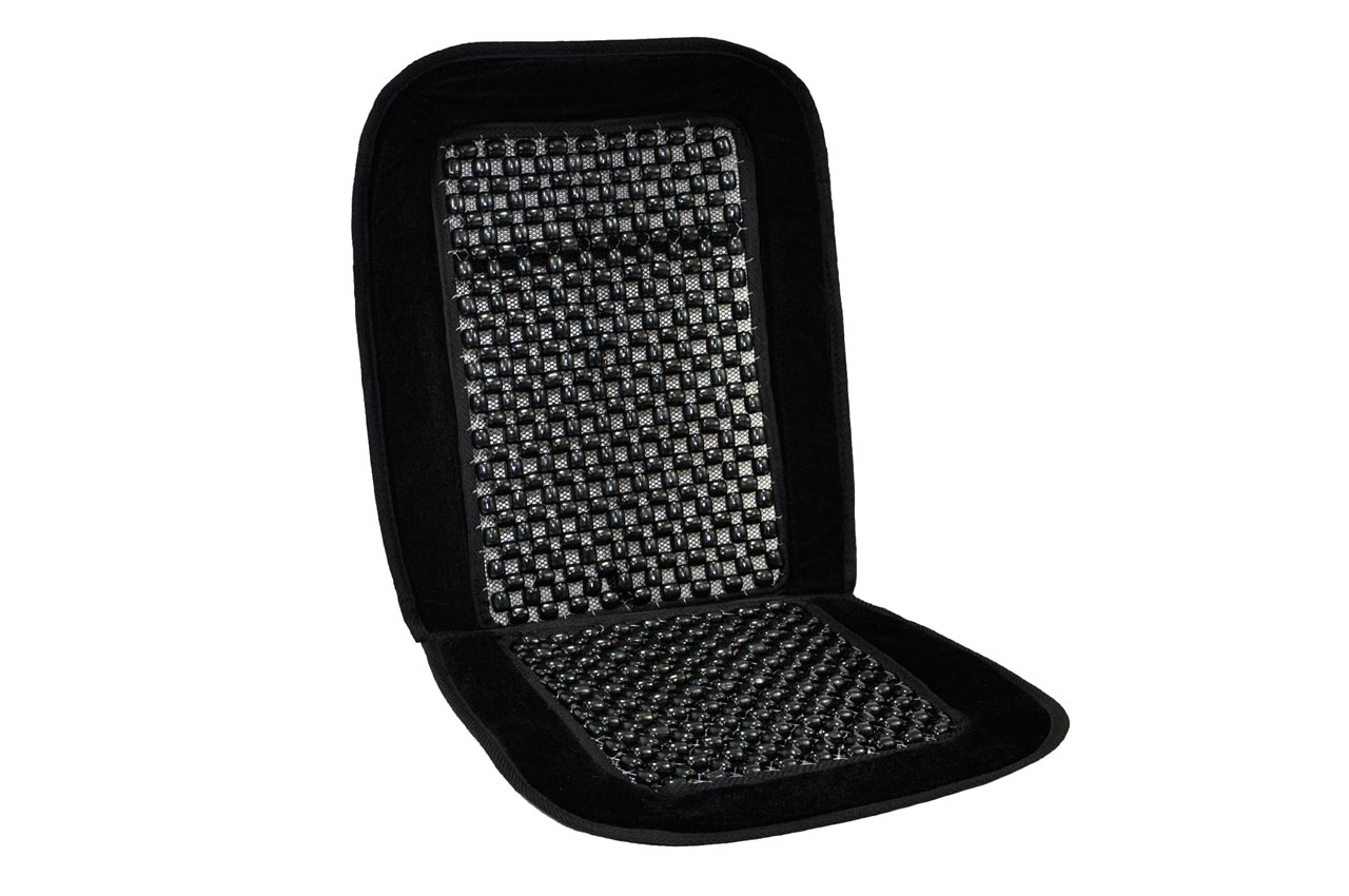 Autostoelkussen met houten massageballen en zwarte pluche rand CSM-01-Black