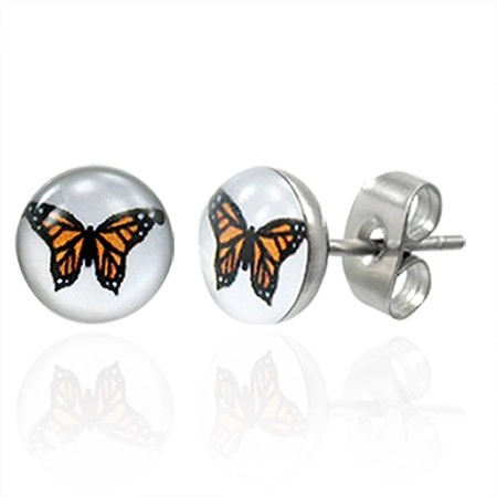 Šperky Eshop - Oceľové náušnice oranžový motýľ X11.20