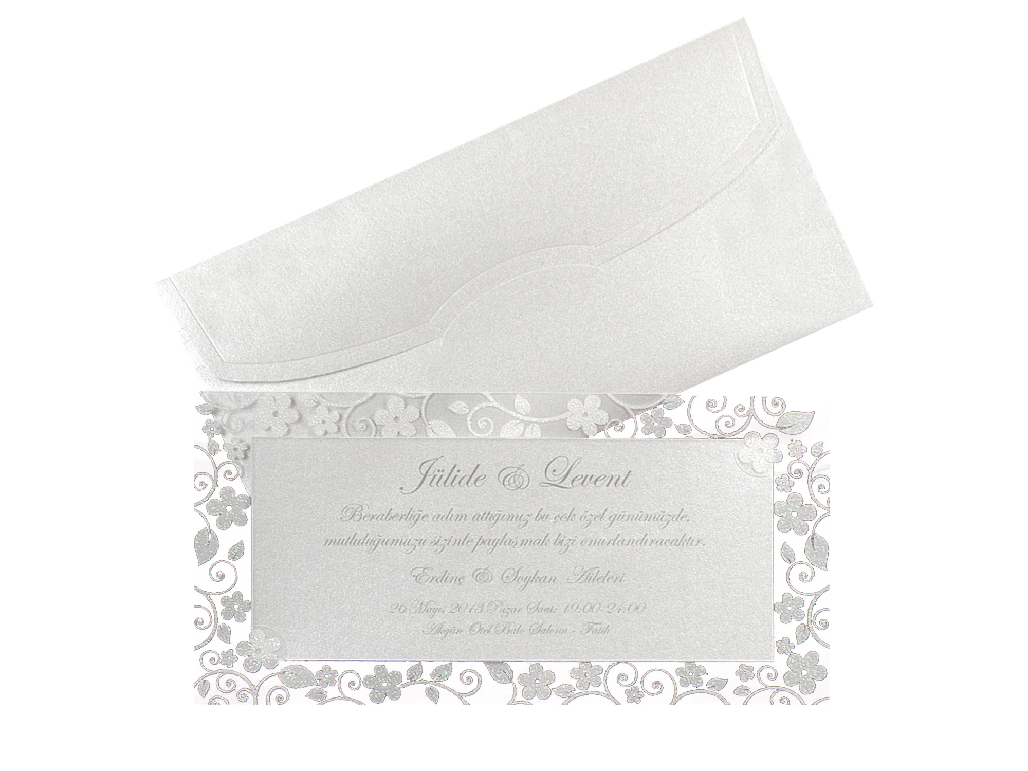 Moderní stříbrná svatební pozvánka s třpytkami a obálkou
