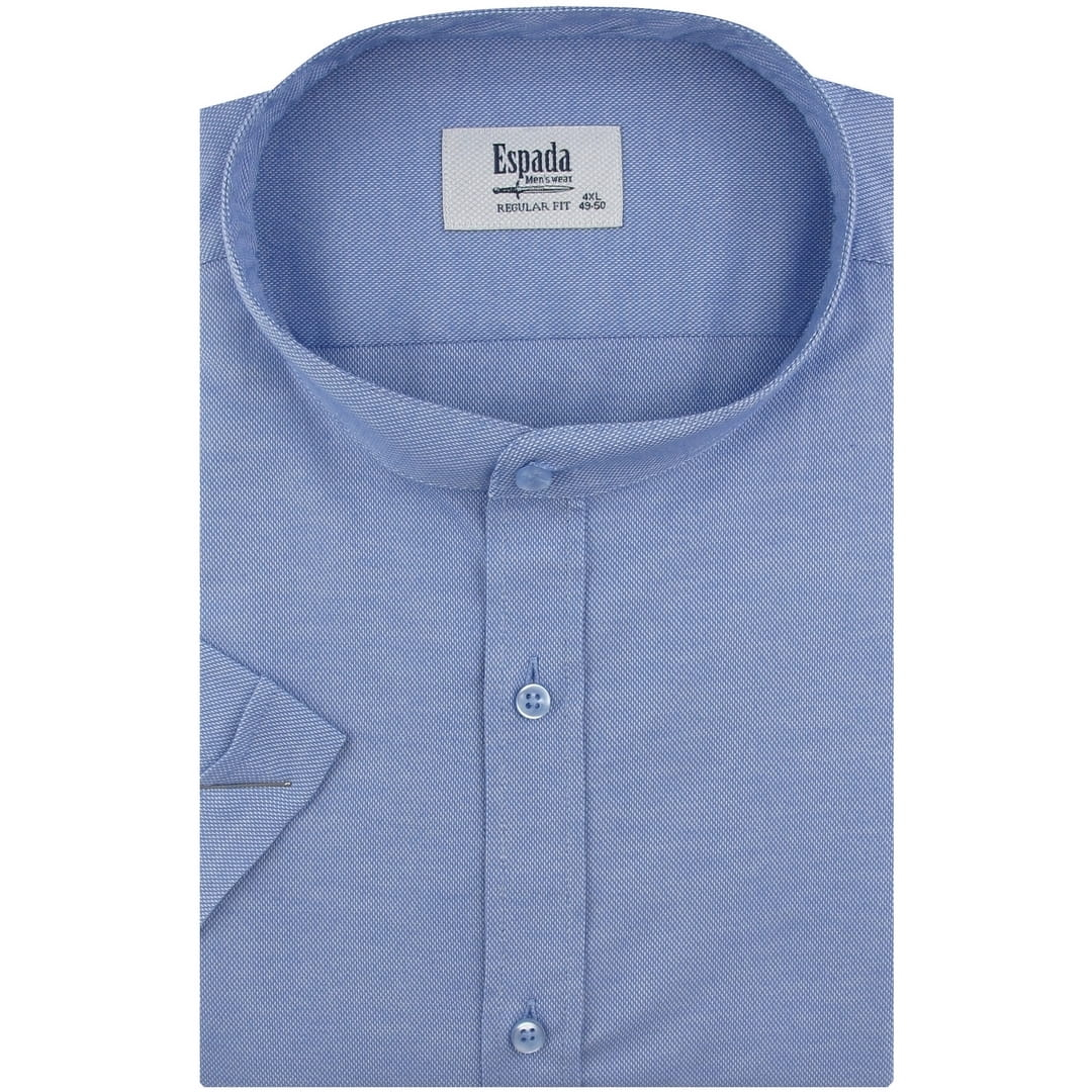 Duża Koszula Męska Codzienna ze stójką bawełna oxford gładka niebieska z krótkim rękawem Duże rozmiary Espada Men's Wear P202