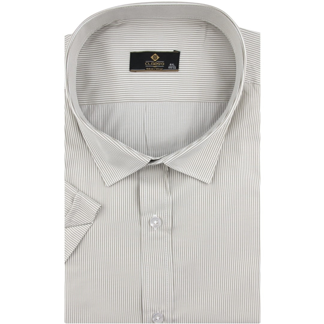 Large Men's Elegant Business Shirt for suit in beige striped with short sleeves Large sizes Classo P101