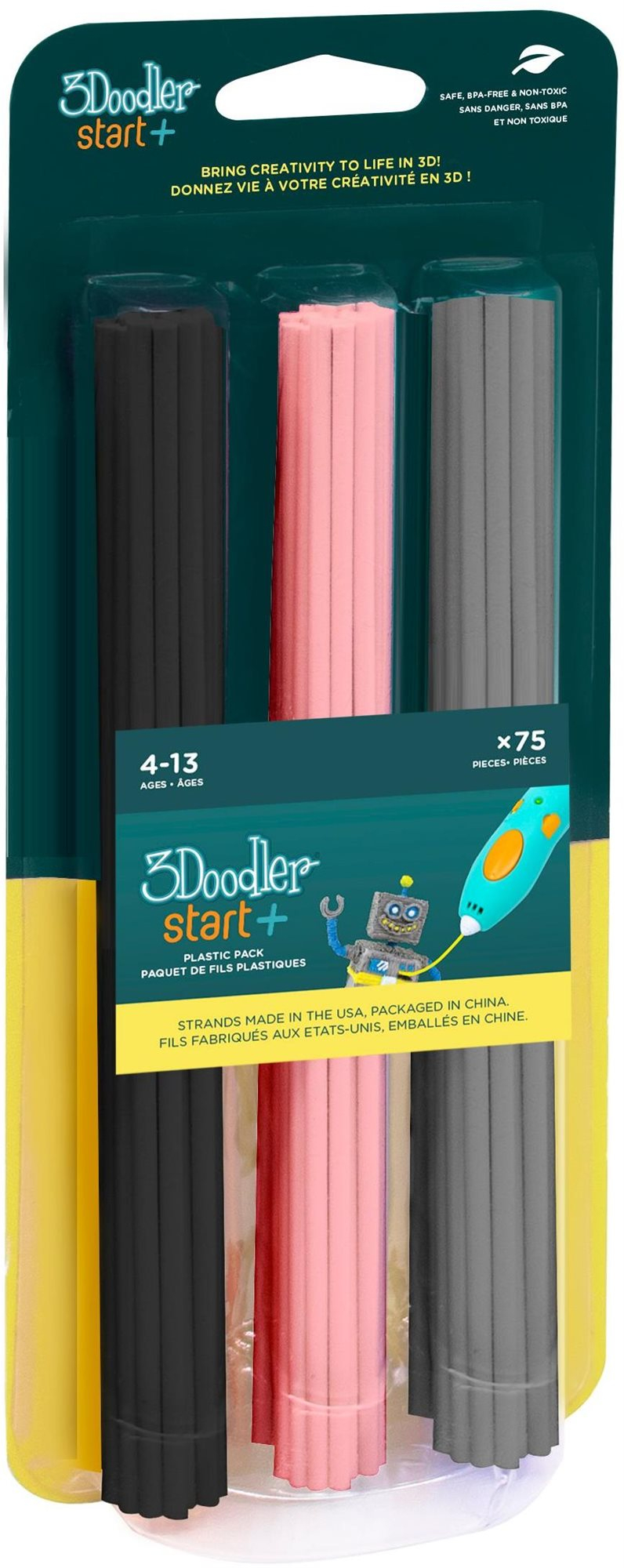 Nyomtatószál 3D tollhoz 3Doodler ECO-PCL Start+ 3D toll utántöltő 75 db - fekete, rózsaszín, szürke