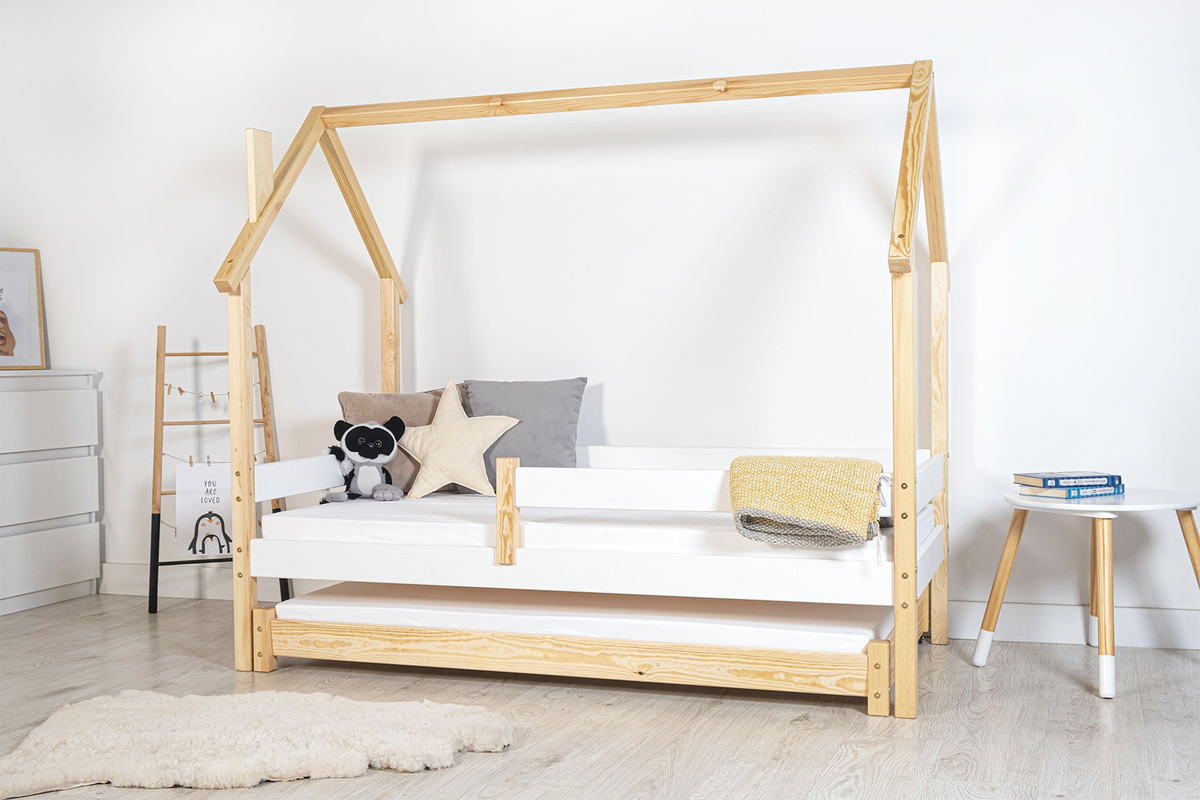 Kinderbett Hausbett Frank SCANDI - weiß/natur - Bett haus + einziehbar extra bett mit mattress 160x80 cm