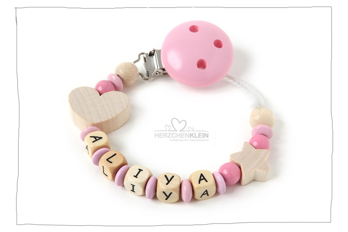 Pacifier chain with wooden letters - Model ALYIA
