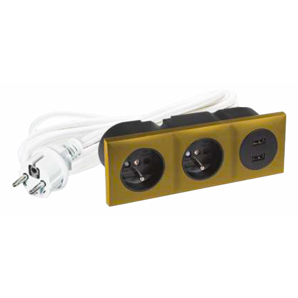 Bloco de tomadas ALTR embutido na cor dourada, 2x Tomada 250V + 2x Carregador USB-A, Cabo 1,5m