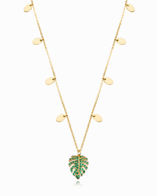 Elegantný pozlátený náhrdelník zo striebra s listami osadenými zelenými zirkónmi 13043C100-32