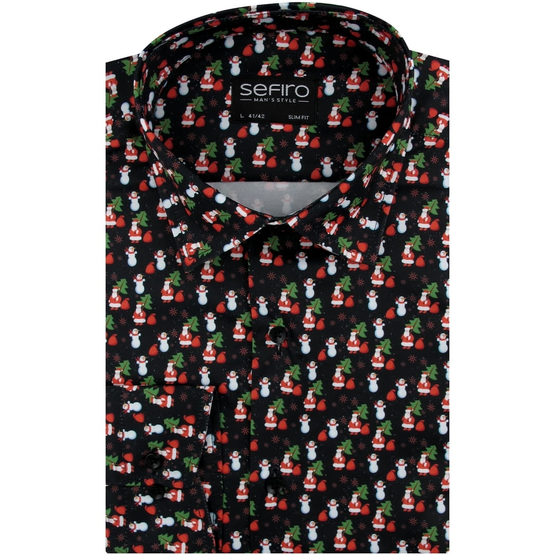 Duża Koszula Męska na Święta Bożego Narodzenia czarna z Motywem Świątecznym z długim rękawem Duże rozmiary Sefiro C479