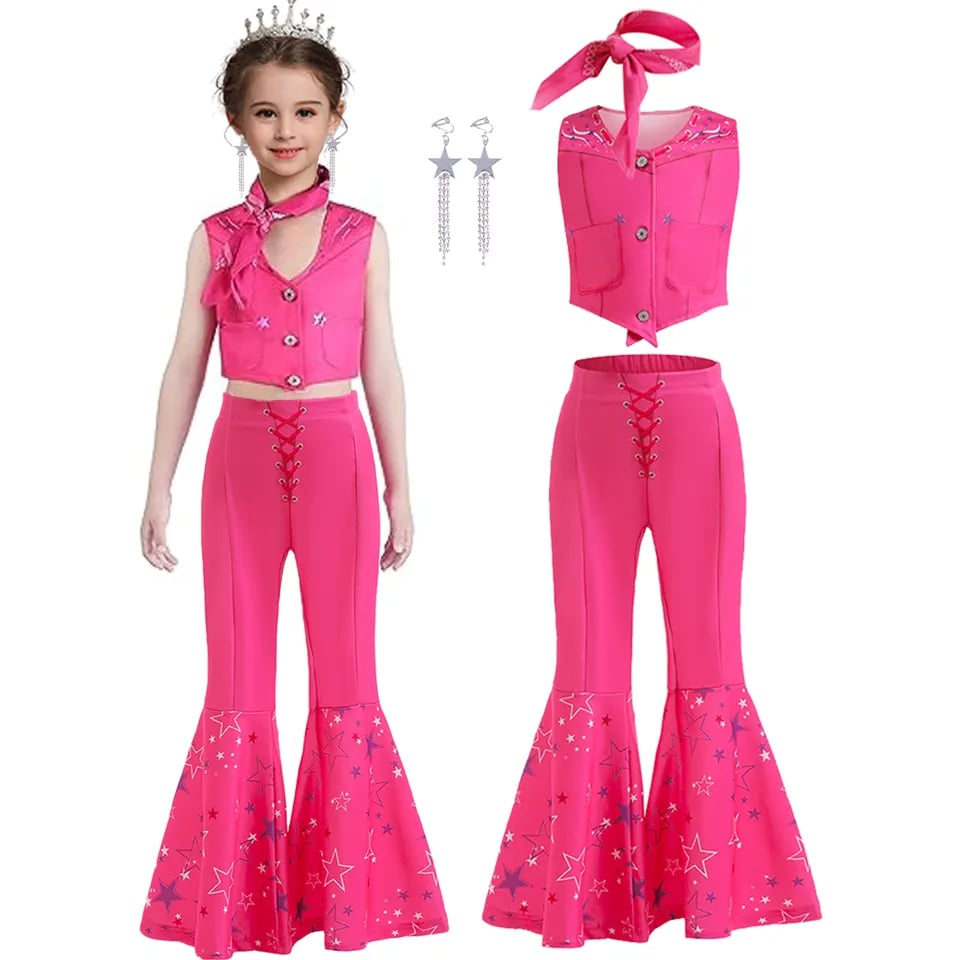Costum Barbie fete cowgirl cu pantaloni vesta esarfa si cercei cu stelute, roz 140