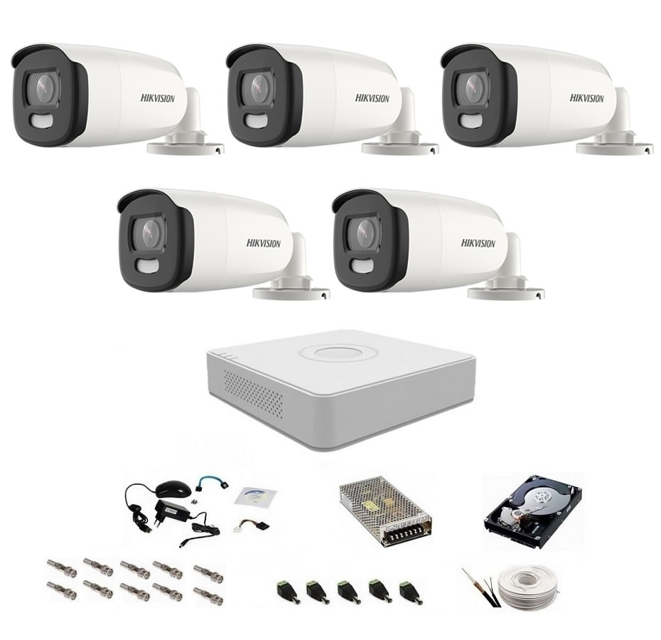Komplettes 5 MP Überwachungssystem, Hikvision, 5 ColorVU-Kameras mit weißem Licht 40 m, Farbe bei Nacht