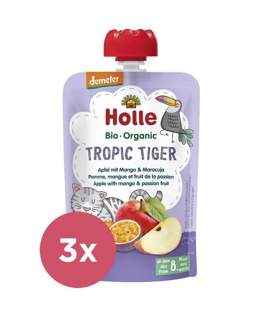 3x HOLLE Tropic Tiger Bio ovocné pyré jablko, mango a maracuja, 100 g (8 m+)