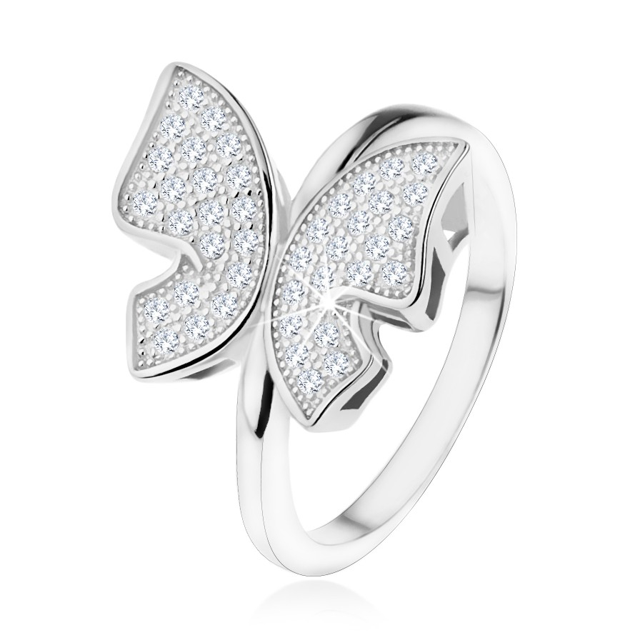 Stříbrný prsten 925, třpytivý motýl vykládaný zirkonky čiré barvy - Velikost: 59