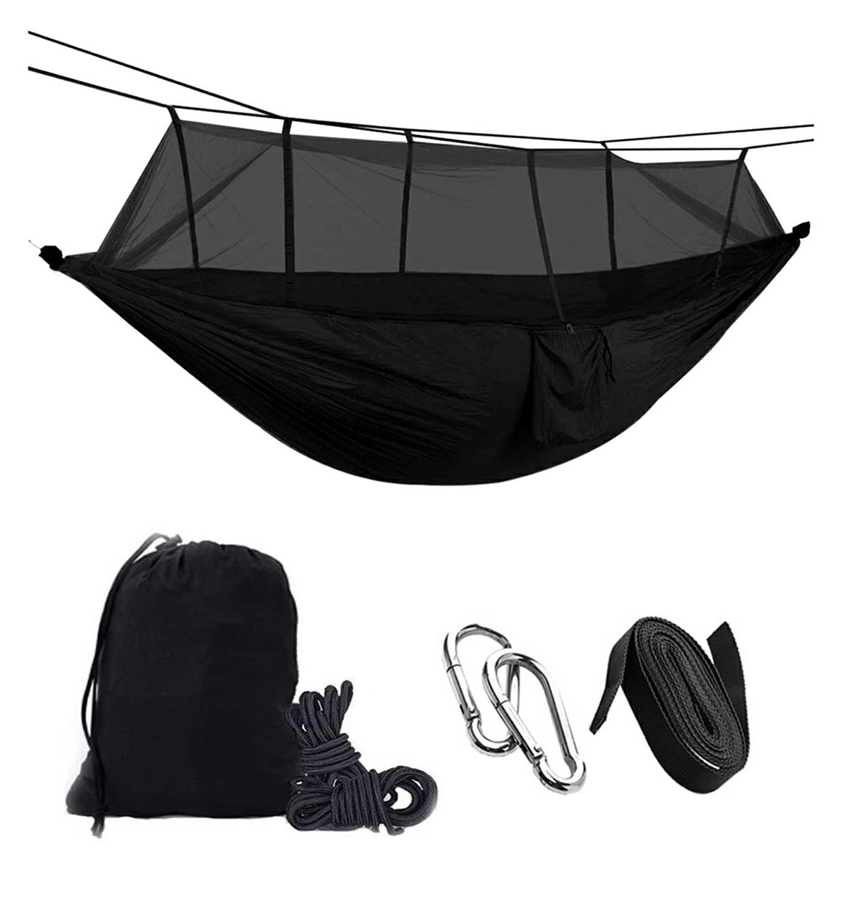 Turistisk hängmatta av nylon med myggnät, svart färg, dimensioner 260 cm x 140 cm