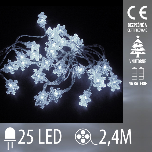 Vianočná LED svetelná reťaz vnútorná - na batérie - vločky - 25LED - 2,4M Studená biela