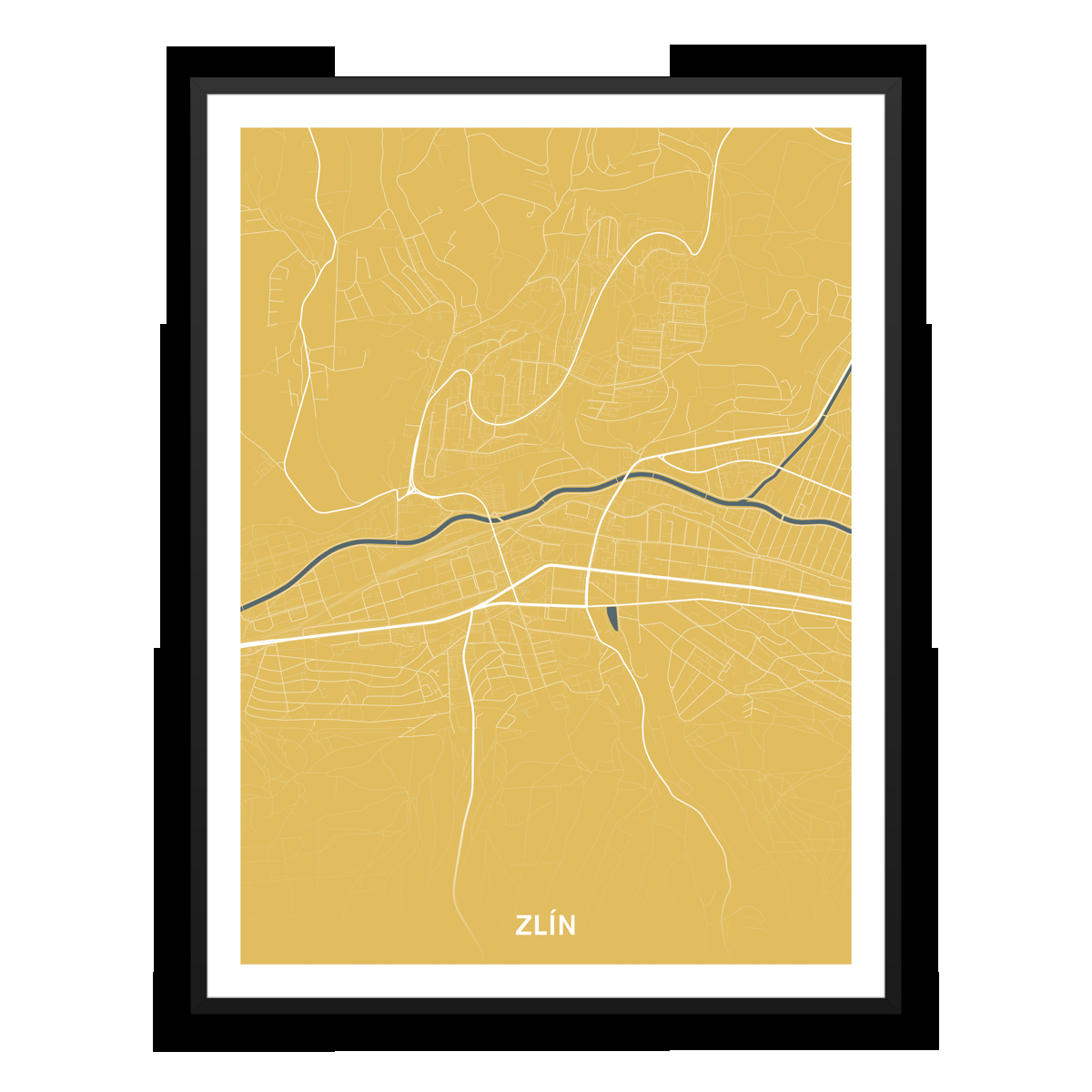 Zlín – silnice - města – mapa doztracena / město – žlutá / pěnová kapa deska / černý hliníkový rám / 45×60 cm