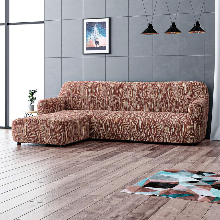 Elastic cover for sofa with left ottoman in brown stripes UNIVERSE NEW (w. 170 - 300 cm)