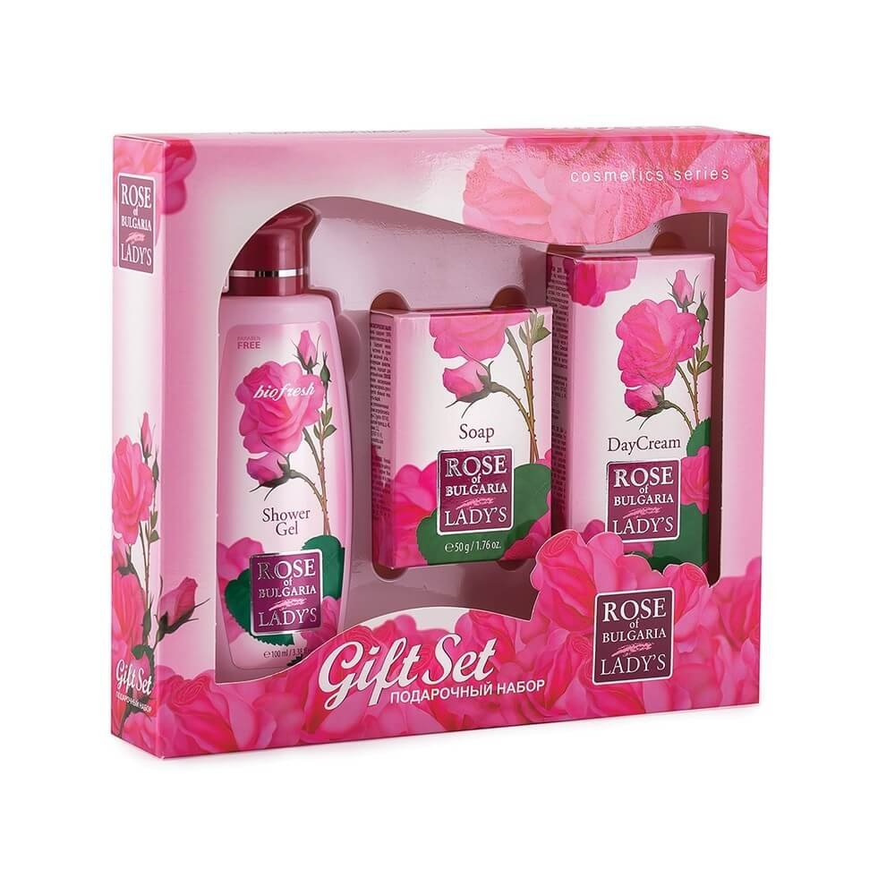 Rose of Bulgaria sprchový gel s růžovou vodou 100 ml + toaletní mýdlo s růží 50 g + pleťový denní krém s růžovou vodou 30 ml,