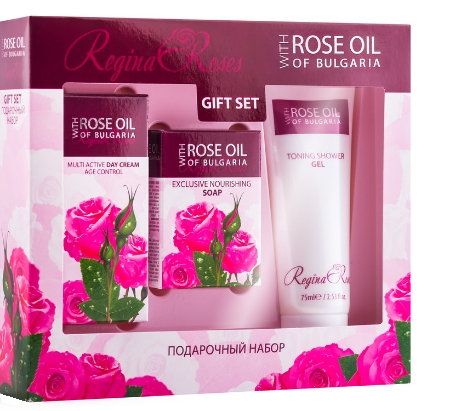 Darčekový set s ružovým olejom pre ženy - denný krém, mydlo a sprchový gél Biofresh