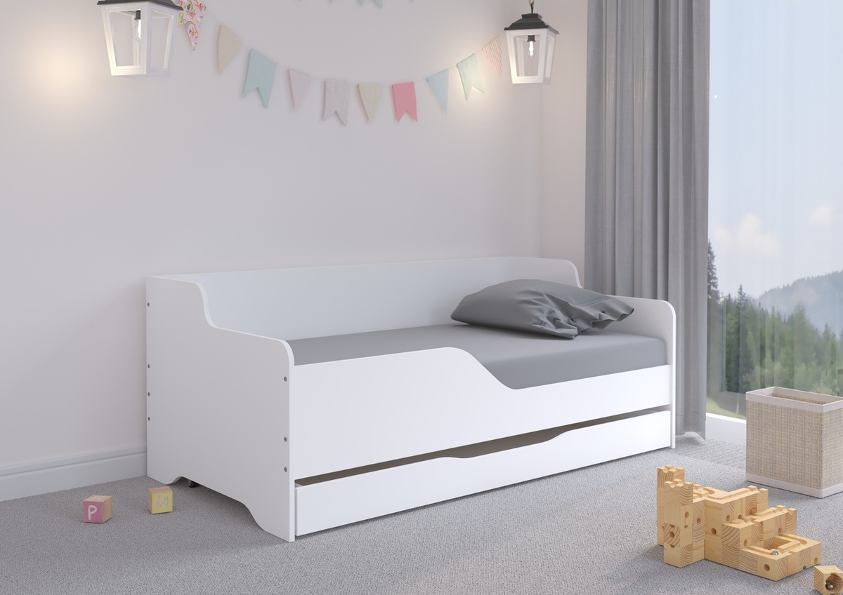 Kinderbett mit Rückwand LILU 160 x 80 cm - weiß - Bett + extra bett - barriere (B - recht)
