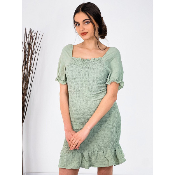 Women's gathered mini dress with shoulder straps - green