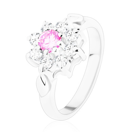 Prsten ve stříbrném odstínu, růžovo-čirý zirkonový květ, lístečky - Velikost: 50