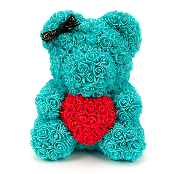 Bear with roses and heart 40cm TURQUOISE BLACK