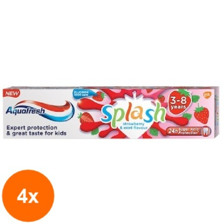 Set Pasta de Dinti Aquafresh Copii Splash Strawberry 3-8 Ani, 4 Bucati x 50 ml...