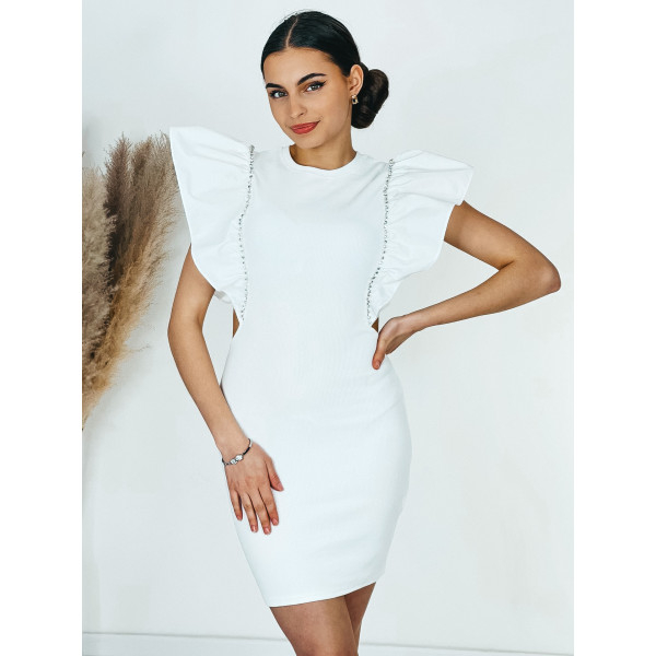 Women's frilled dress with beads in white color