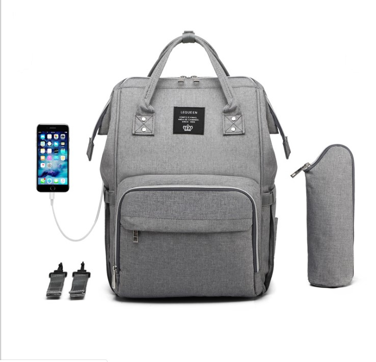 LEQUEEN Multifunkční batoh na kočárek se zabudovaným USB portem - šedý