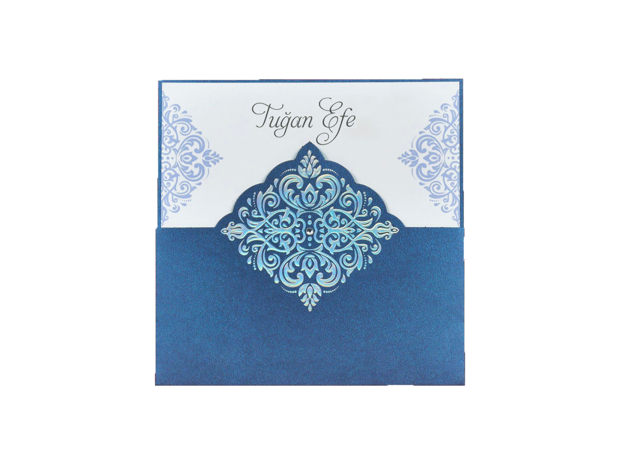Moderne trouwkaart met versierde blauwe houder