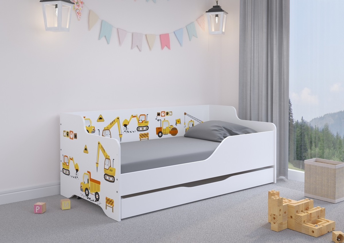 Dětská postel se zády LILU 160 x 80 cm - Staveniště - postel + úložný prostor - zábrana (B - pravá)