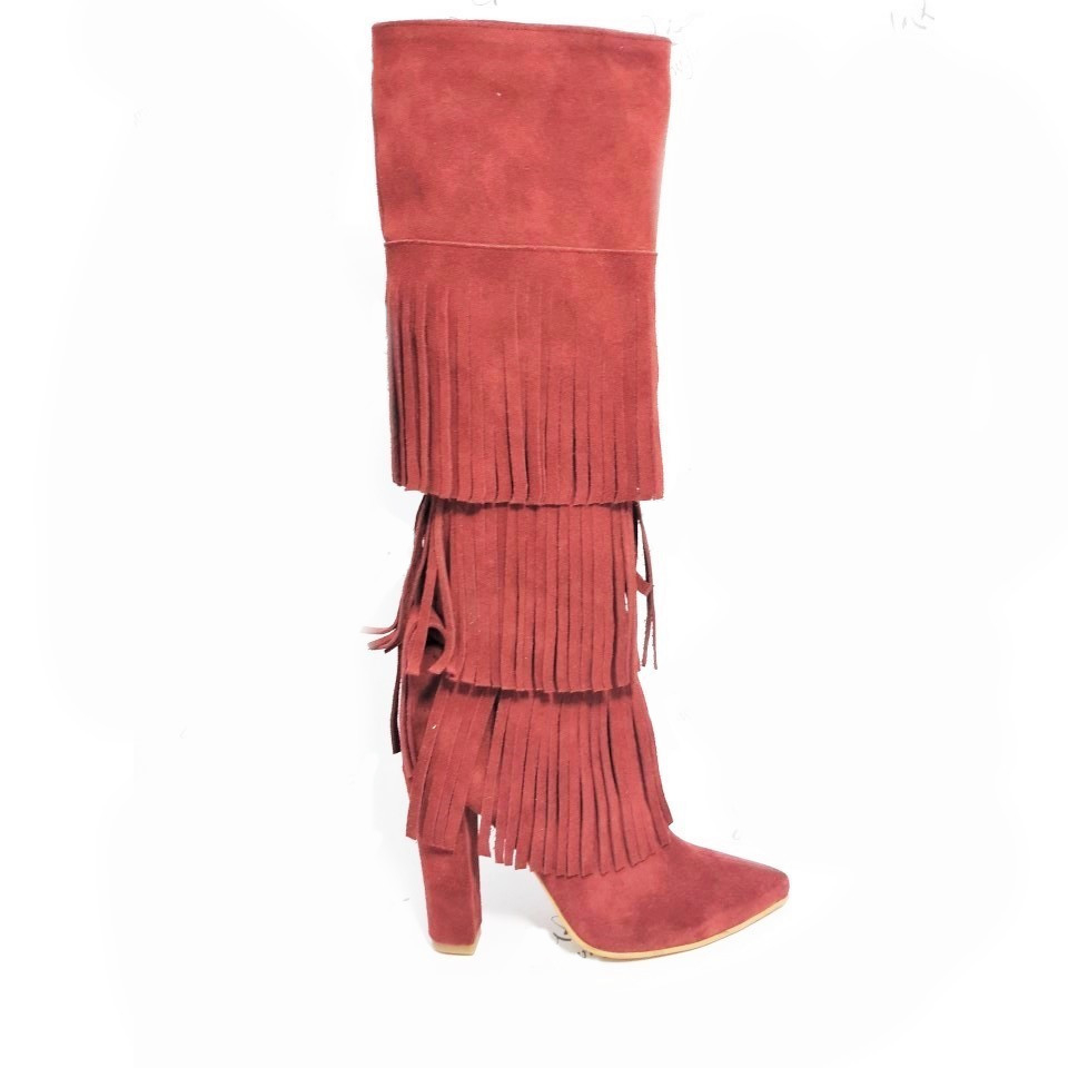 Leather boots with fringes - Cherry suede