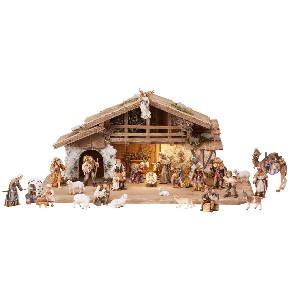 Wooden Alpine stable Rainell with lighting and 29 figurines