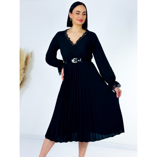 Naisten midi-muodollinen mekko pitsillä ja laskostetulla hameella - musta