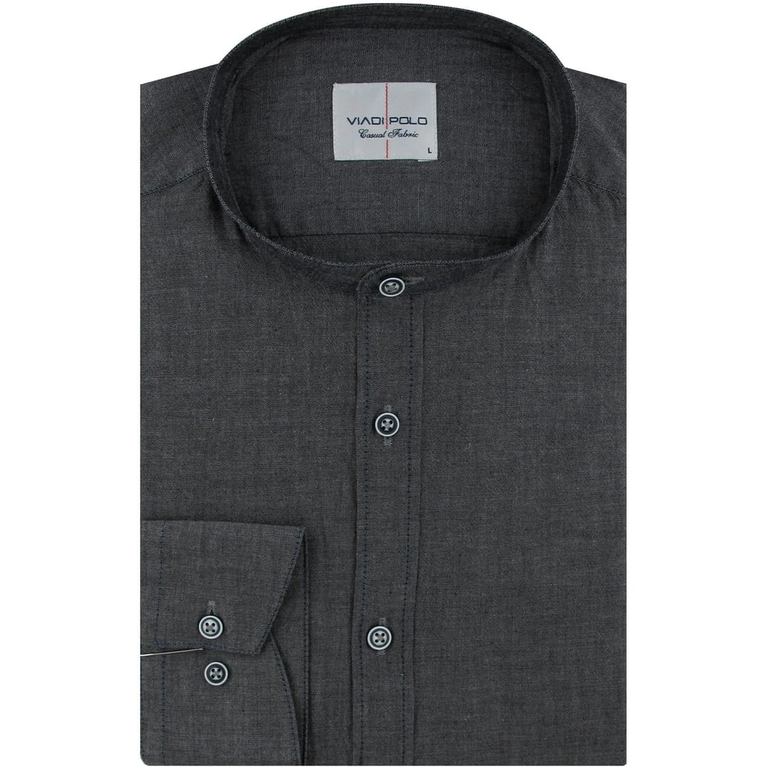 Herrskjorta för vardagsbruk med ståkrage, enfärgad grafitsgrå med långa ärmar i tät passform Viadi Polo C013