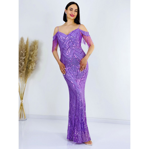 Dámske fialové lesklé spoločenské šaty s flitrami MERLY