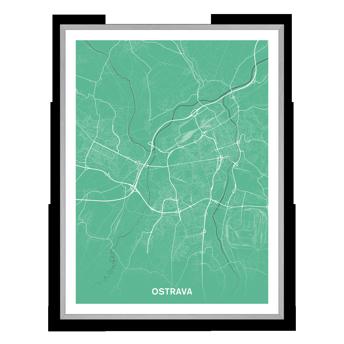 Ostrava – silnice - města – mapa doztracena / město – zelená / pěnová kapa deska / stříbrný hliníkový rám / 45×60 cm
