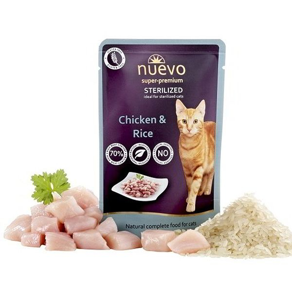 NUEVO CAT Sterilised Chicken & Rice alutasakos macskaeledel 85 g