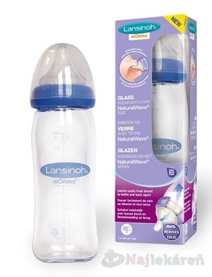 Lansinoh Sklenená dojčenská fľaša s NaturalWave cumľom (stredný prietok MF) 240 ml