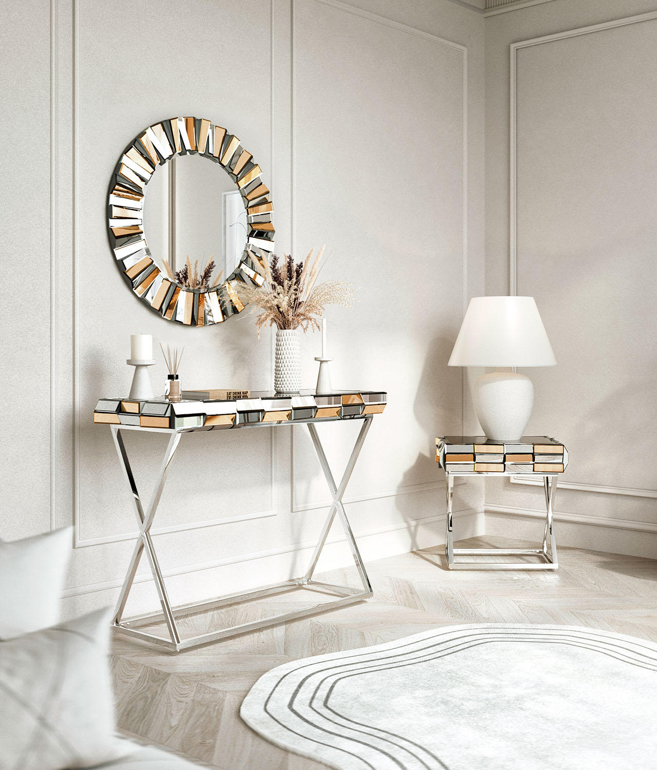 Set de 3 piese CARME cu masă consolă oglindită, oglindă rotundă și masă de suport efect 3D roz auriu