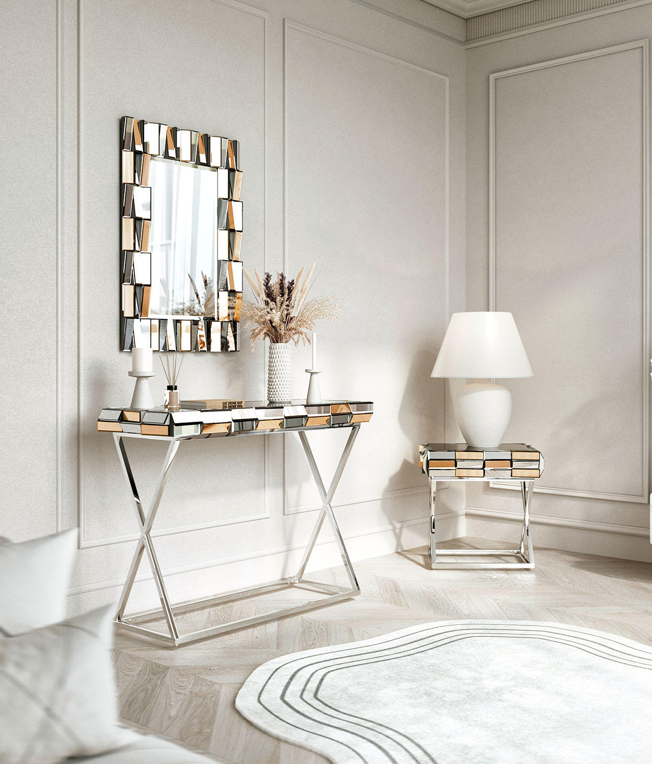 CARME 3 Piece Set Mirrored Console Table, Rectangle Mirror & Side Table 3D Effect Rosegold
