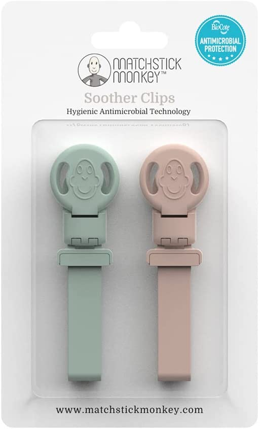 Matchstick Monkey klipy mint green dusty pink 1×2 ks klipy na upevnenie hryzátka cumlíka