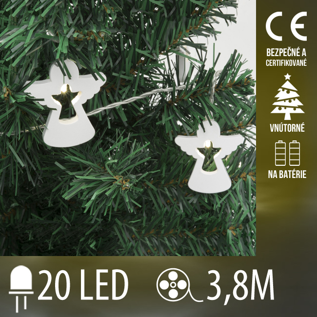 Vianočná led svetelná reťaz vnútorná na batérie - drevené anjeliky - 20led - 3,8m teplá biela