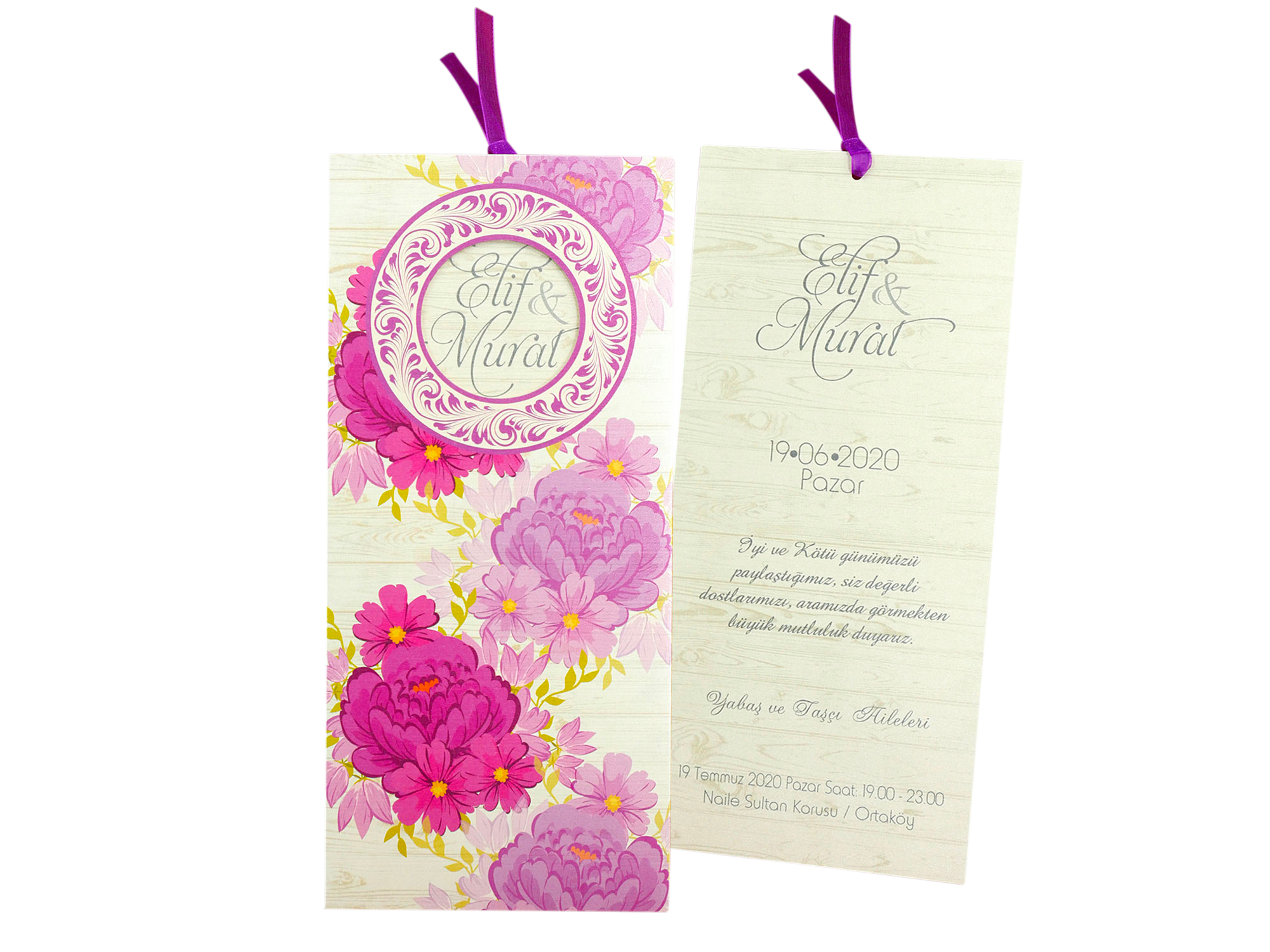 Modern wedding card with wood paper and flowers