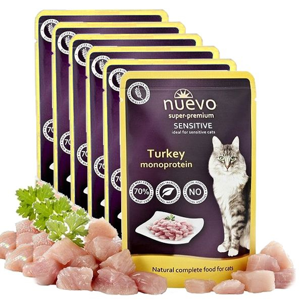 NUEVO CAT Sensitive Turkey Monoprotein alutasakos macskaeledel 6 x 85 g